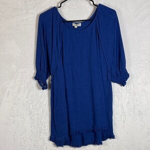 Umgee Royal Blue Cotton Linen Raw Hem Top Large